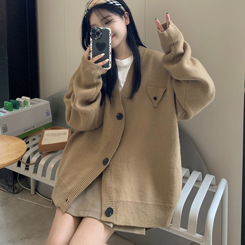 Lazy Style Sweater Jacket Spring & Fall 2022 New Design Pure Color Loose V Neck Single-Breasted Knitted Cardigan for Women