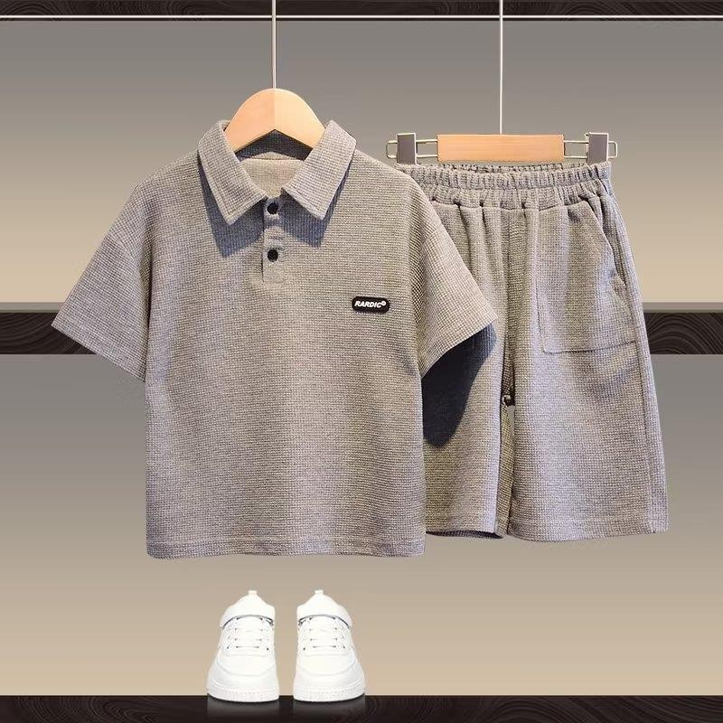 Picture of Children's Summer 2023 New Summer Boys' Suit Korean-style Waffles Solid Color POLO Shirt Two-piece Fashionable Children's Wear