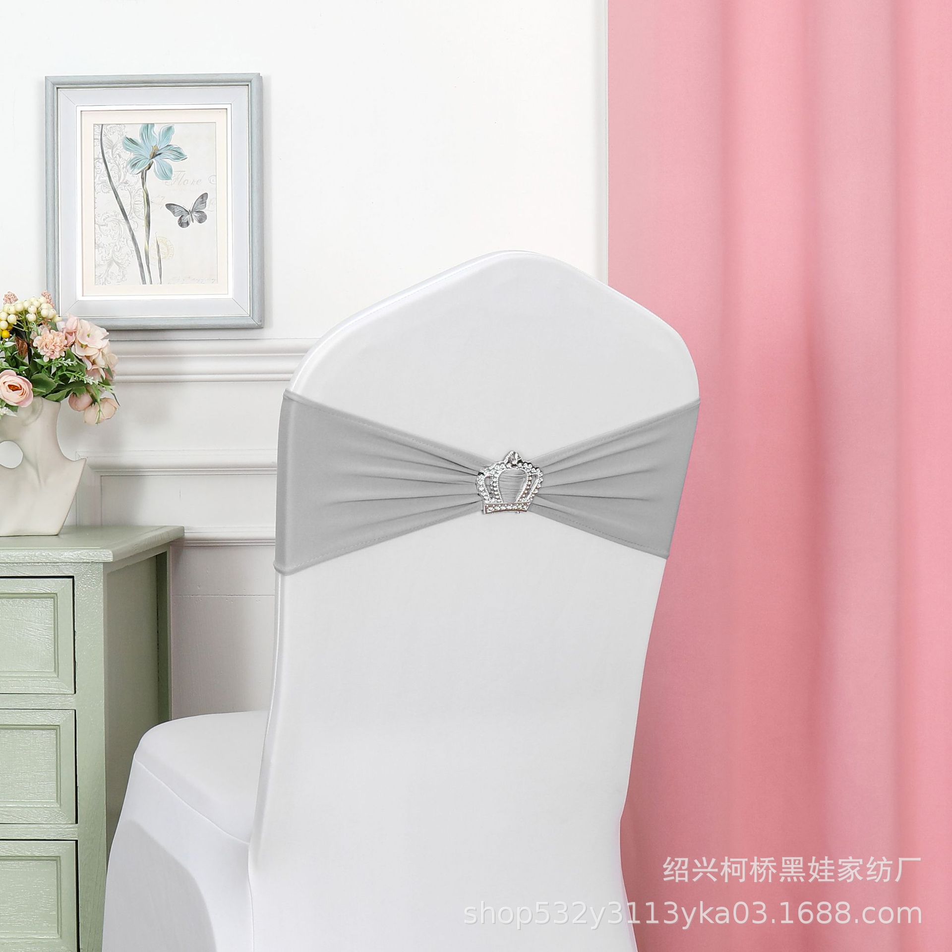 Picture of Chair Back Flower Bow Crown Diamond Buckle Elastic Banquet Chair Set Decoration Free Wedding Strap Ribbon Wedding Ribbon