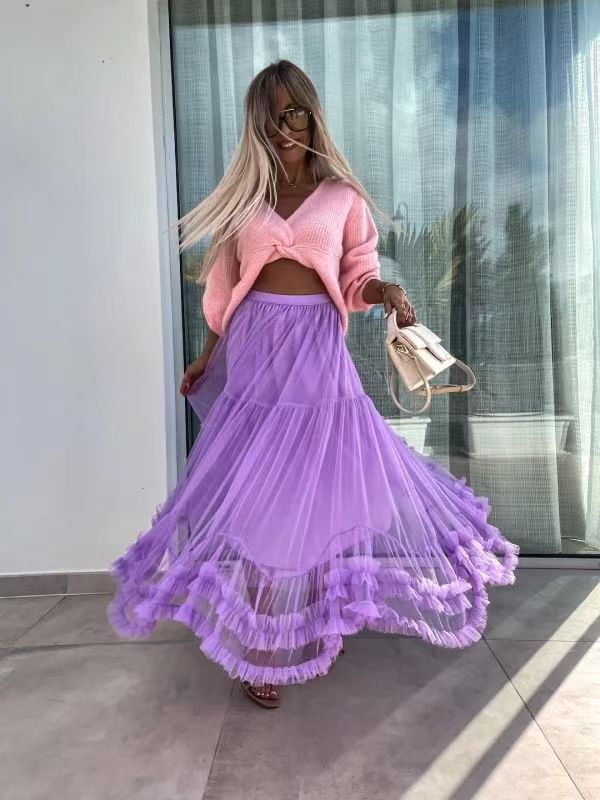 Amazon Oversized Swing Design Sense Fashion Mesh Skirt Sweet Auricularia Lace A- Shaped Large Swing Skirt