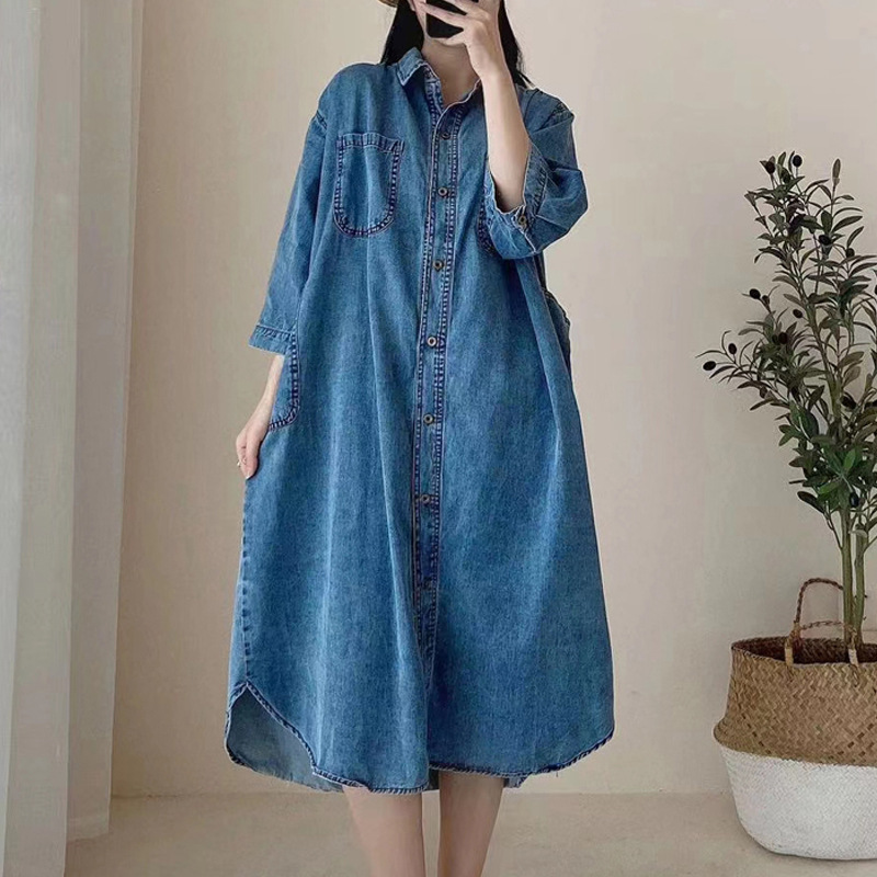 2024 Spring Korean Style New Style Large Size Shirt Dress Loose Retro Nostalgic Lapel Slim Denim Dress