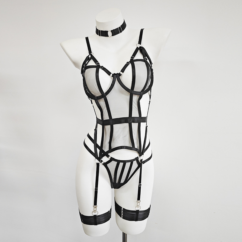 European and American Niche Bound Sex Uniform Hollow-out Perspective Steel Shopper Garter Belt Four-piece Set Dew Sexy Underwear in stock