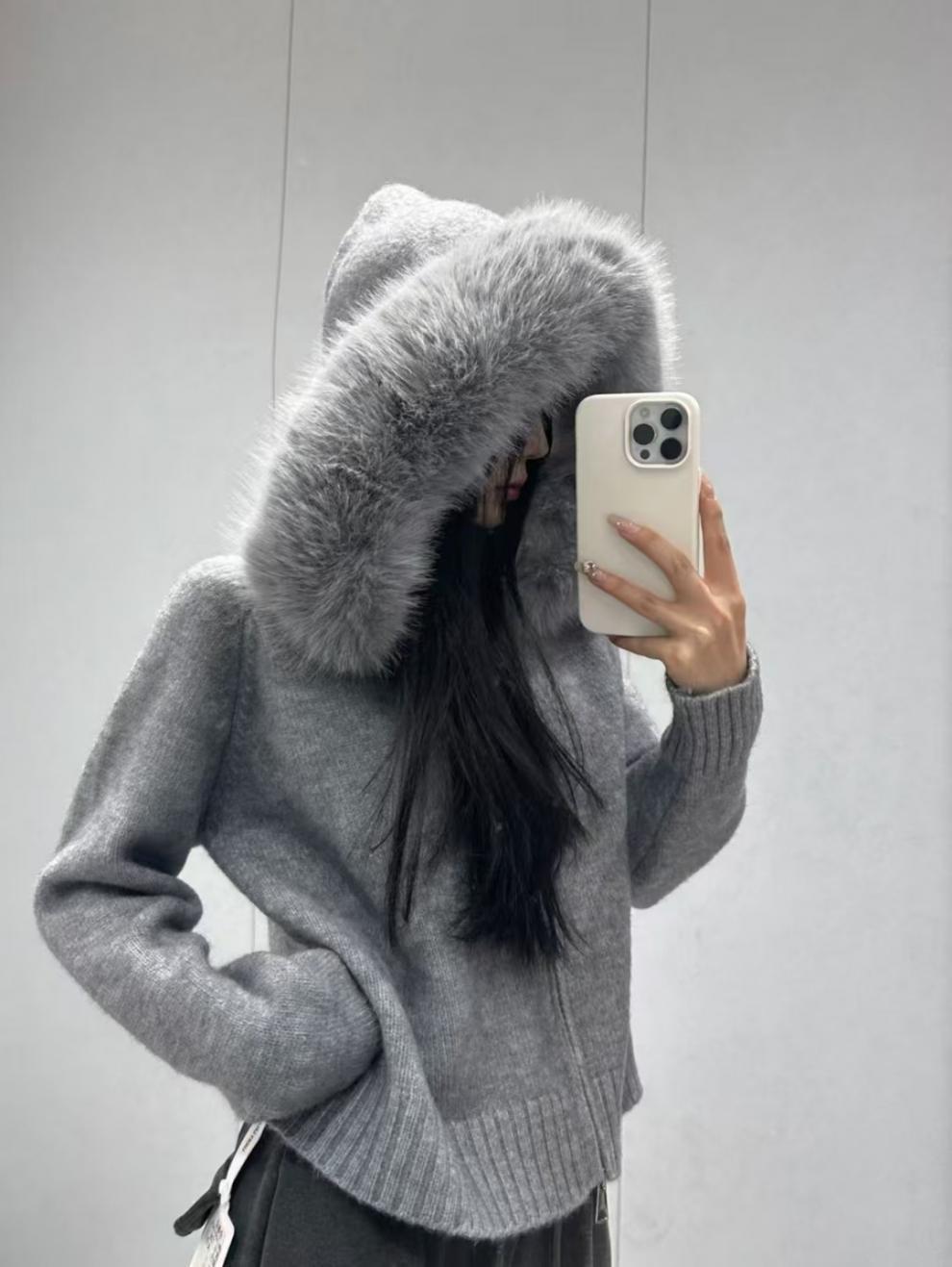 Knitted Sweater Jacket for Women in Autumn and Winter New High-End Korean Style Hooded Fur Collar Zipper Loose Long-Sleeved Sweater Cardigan