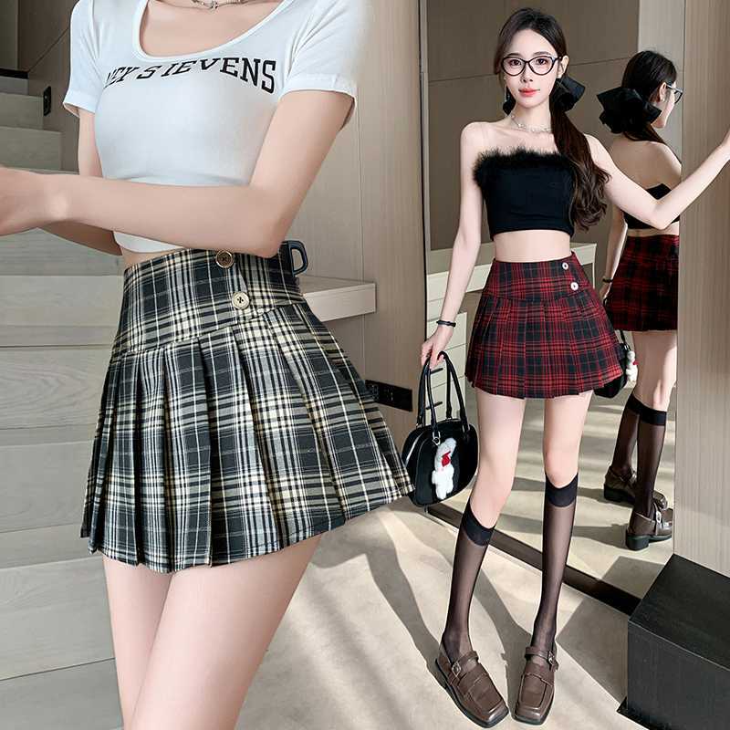 Real Shot Spring and Summer Hot Girl Skirt Plaid Pleated Skirt Women's JK Academic Style A- Line Skirt Short Skirt