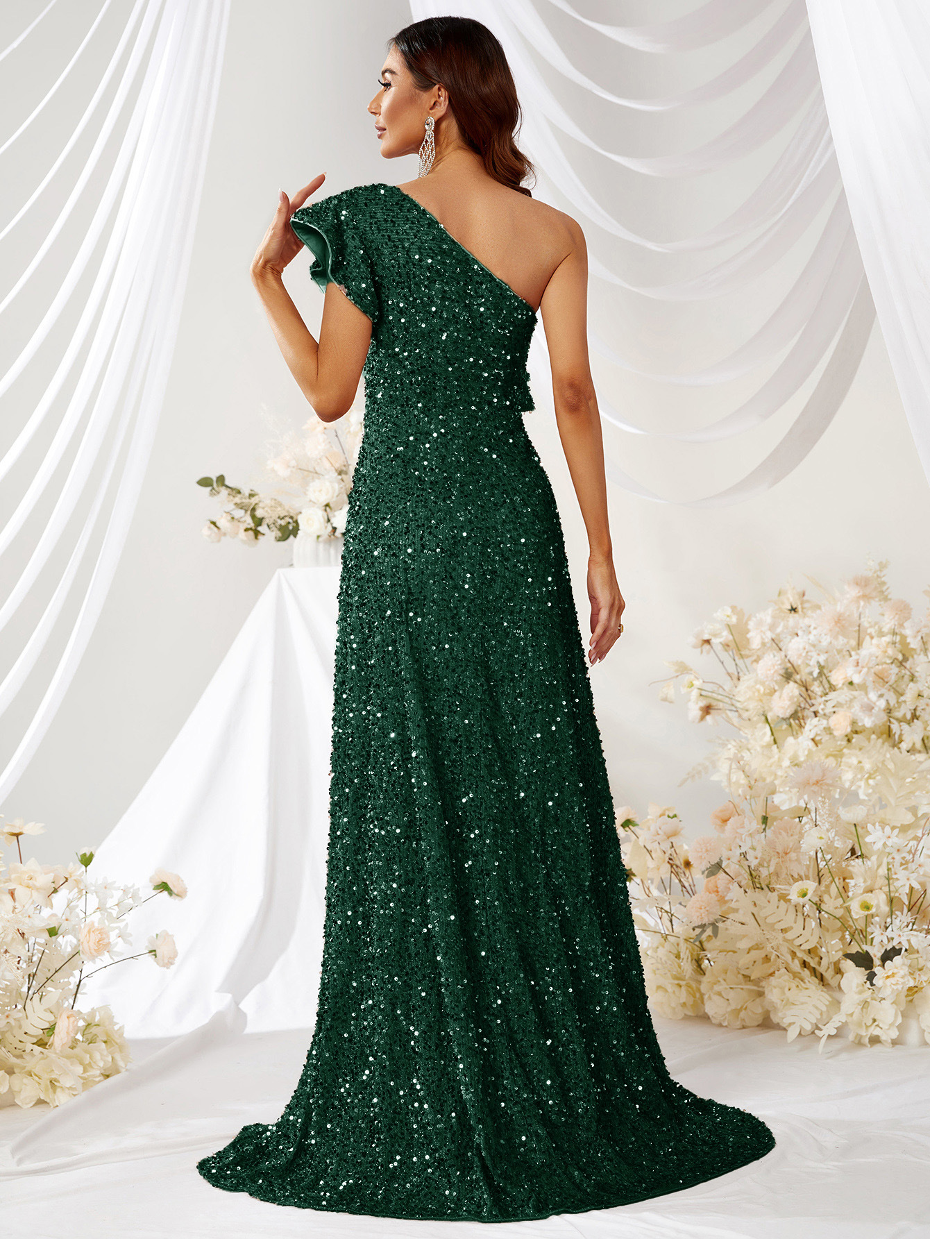 Picture of Foreign single cross-border one-shoulder sequins waist slimming wood ear sequins neat evening dress banquet host performance dark green