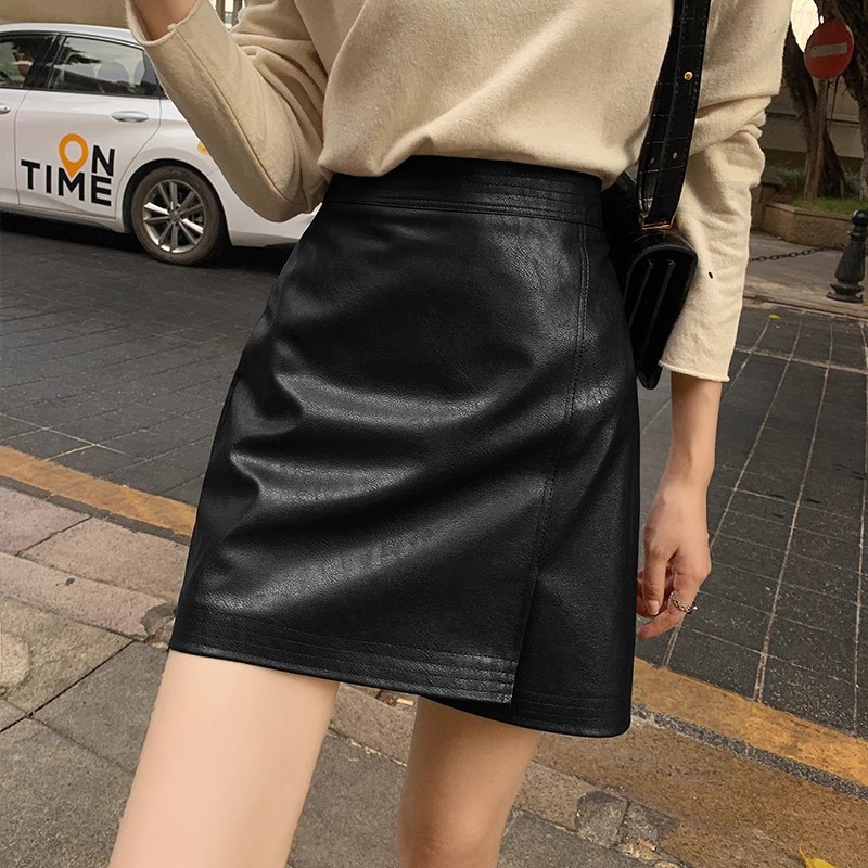 Irregular Pink PU Leather Skirt Women's Autumn and Winter High Waist Slimming Sexy Hip Skirt Small A- line Skirt