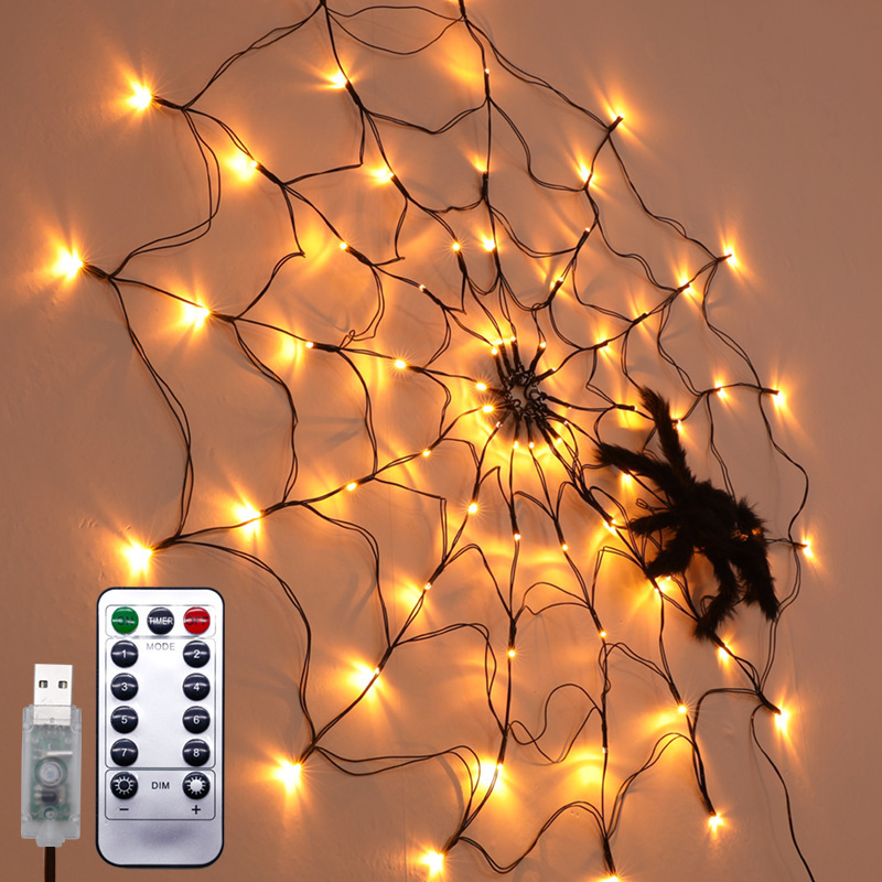 Halloween decoration LED lights spider web lights children's indoor atmosphere lights arranged fishing net lights string ghost festival props