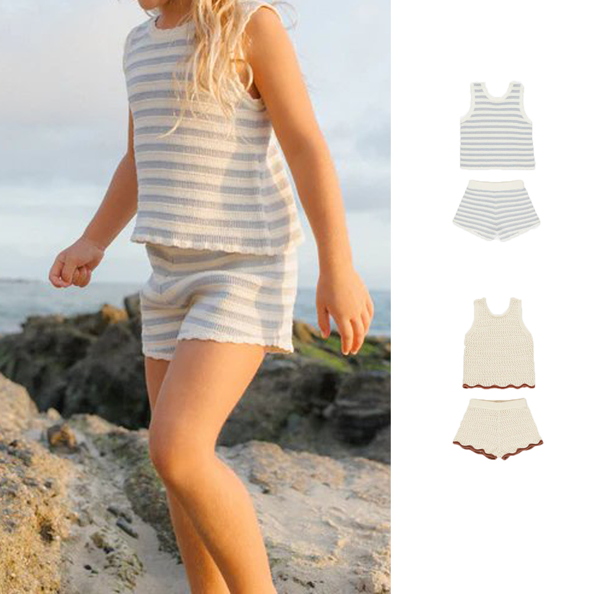 Ins Style ss25 Summer Denmark New Children's Striped Top Shorts suit Cute Lace Knitted Vest