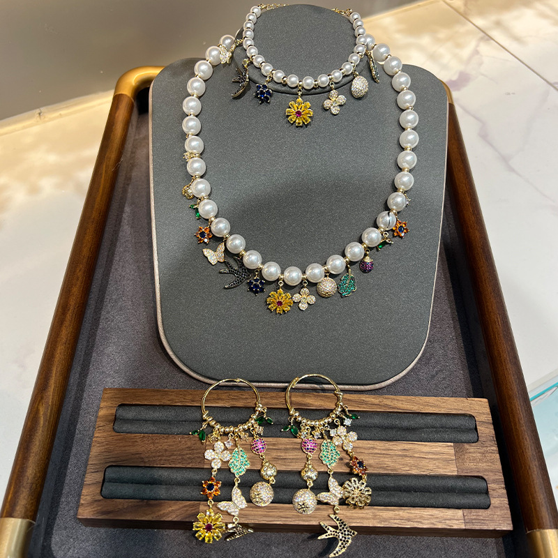 French Style Bird and Flower Fragrance Beads Jewelry suit Cross-border Explosions Full Set Zircon Tassel Earrings Bracelet Necklace Women