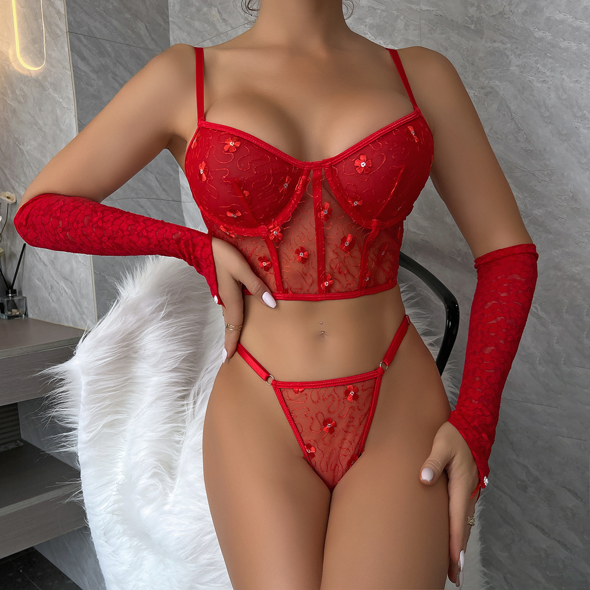 Amazon AliExpress new women's sequined sexy two-piece set Valentine's Day red suit sexy lingerie 3357