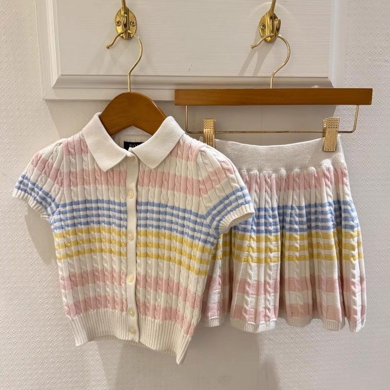 Picture of Girls' Colorfulful Knitted Suit New Style Summer Sweet Colorfulful Stripesd Knitted Top and Skirt Two-Piece Set