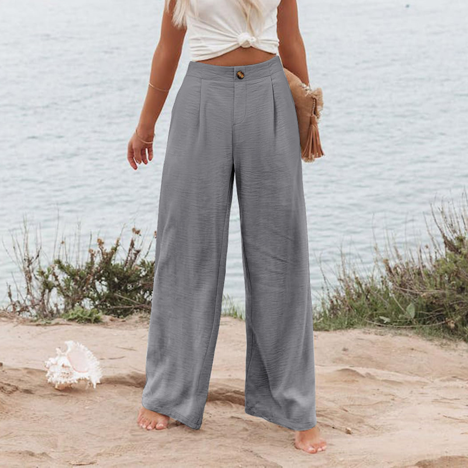 Picture of 2025 Cross-Border Amazon European and American Summer Plaid High Waist Trousers Button Elastic Waist Wide Leg Pants Women's Casual Straight-Leg Pants