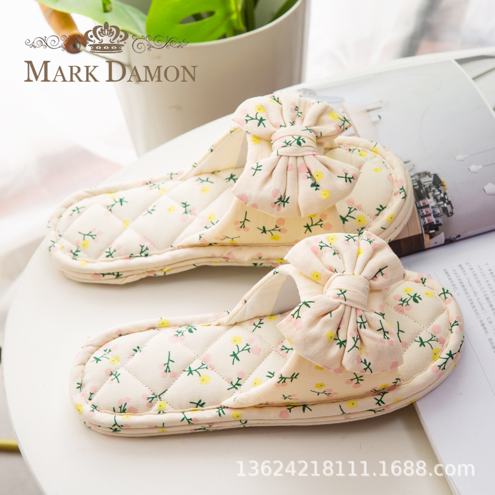 Korean Style Floral Bow Women's Rubber Cloth Bottom Three-Layer Thickeneded Fabric Slippers Indoor Wooden Floor Home Slippers
