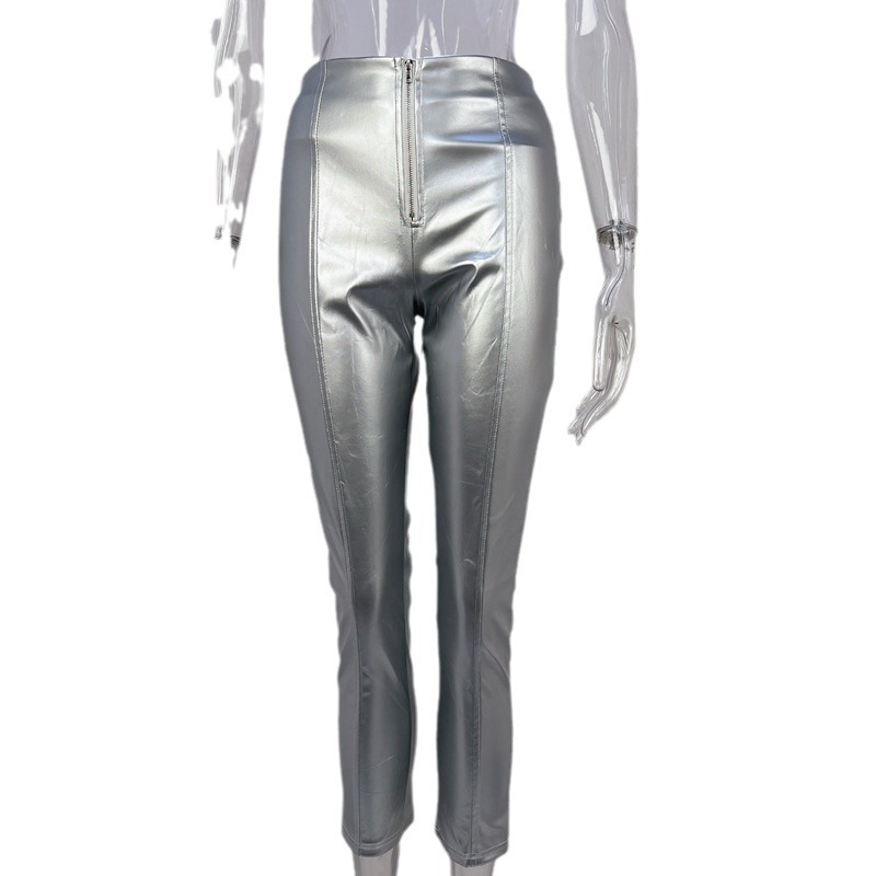 Picture of European and American Cross-Border Women's Clothing 2025 Autumn and Winter Hot Style Fashionable High Waist Hip Lifting Tight Slimming Look Pu Leather Pants Women's Pants Wholesale