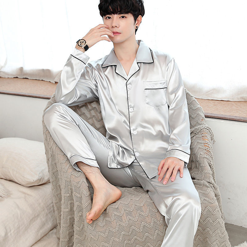 Pajamas Summer Short-sleeved Ice Silk Suit Silk Spring and Autumn Long-sleeved Trousers Dad Home Clothes Large Size Suit