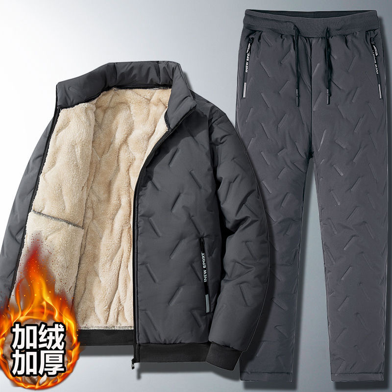 Winter men's a set of fleece-lined padded lamb fleece loose dad plus size cotton-padded jacket warm cotton-padded jacket two-piece suit