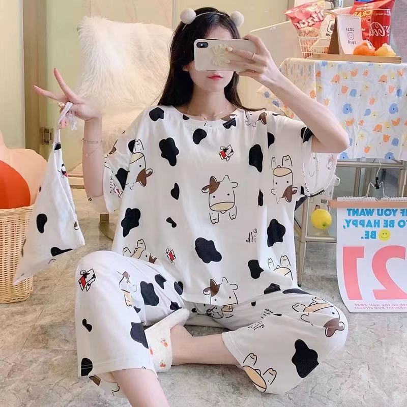 Picture of Pajamas Women's Spring and Autumn Summer Short-sleeved Trousers Large Size Loose Korean Style Fresh Cute Sweet Student Home Suit