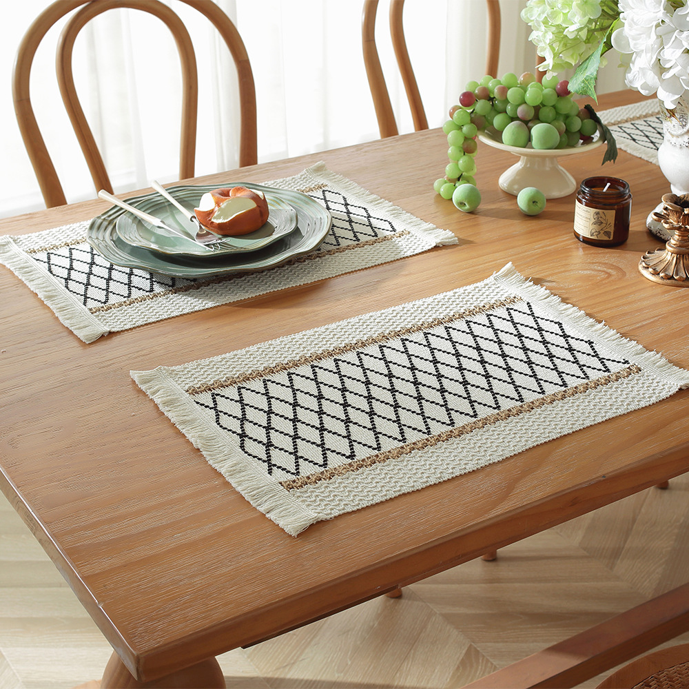 Picture of Amazon new cotton and hemp rope placemat holiday placemat woven color matching striped tassel bowl mat spot wholesale