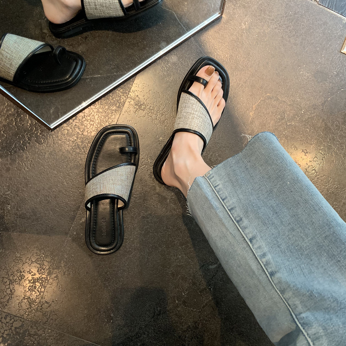 Casual Summer Square Toe Straw Stitching Flat Slippers Women's 2024 New Style