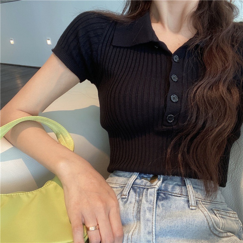 Picture of Summer 2024 Internet Celebrity Slim fit slimming short top Korean style retro small lapel short sleeve knitted T-shirt for women