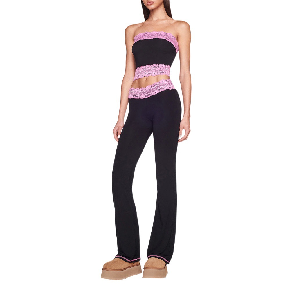 European and American Strapless Pants Two-piece Lace Short Top Flared Pants suit Summer New SU3710