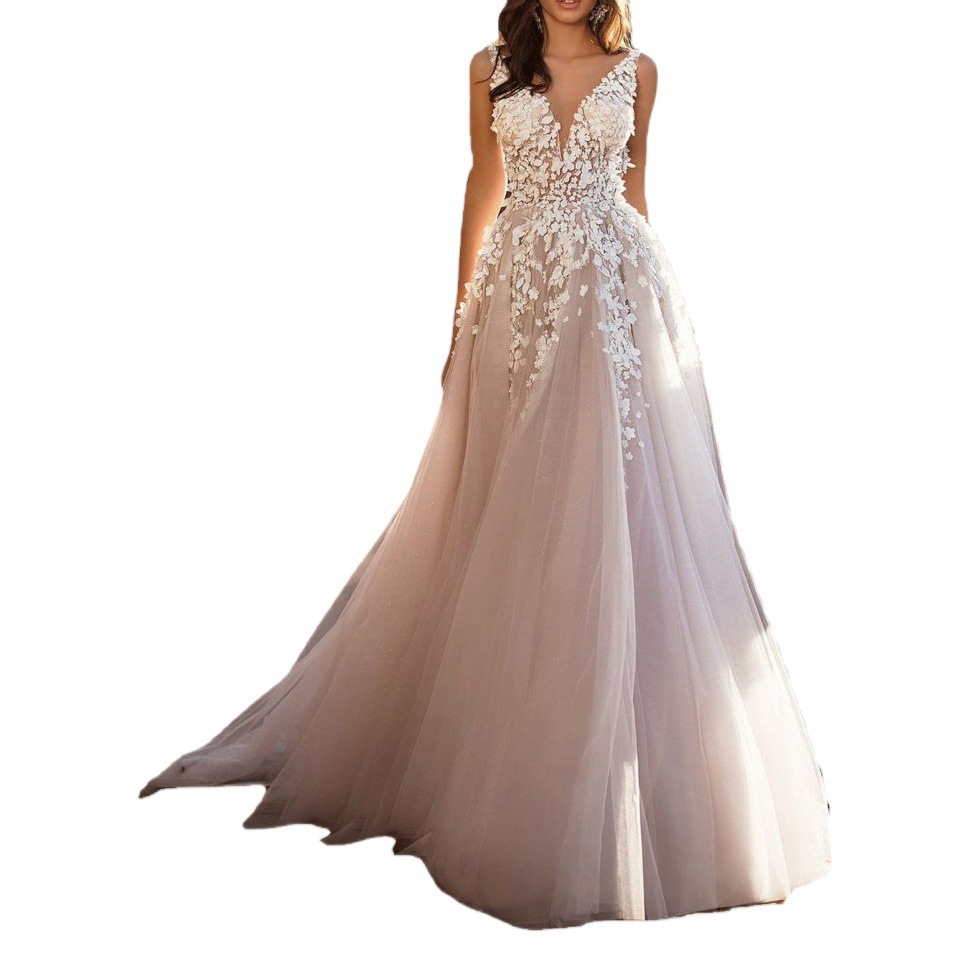 2025 Cross-Border Summer New European and American Clothing Sexy Lace Dress Sleeveless Deep V Neck Wedding Dress Embroidered Long Skirt
