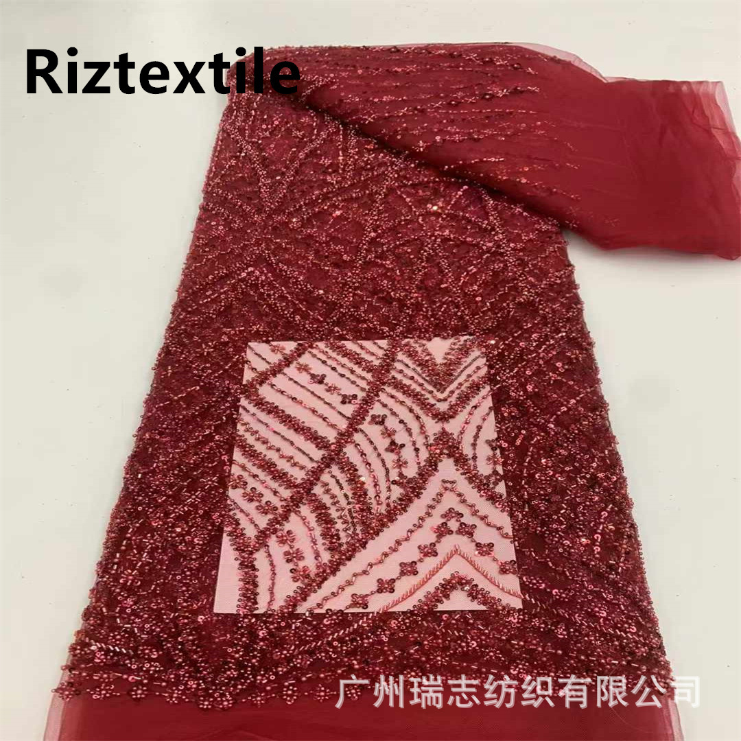 Picture of Chain line flower bead embroidery fabric European and American stereo sequins embroidery dress lace French lace