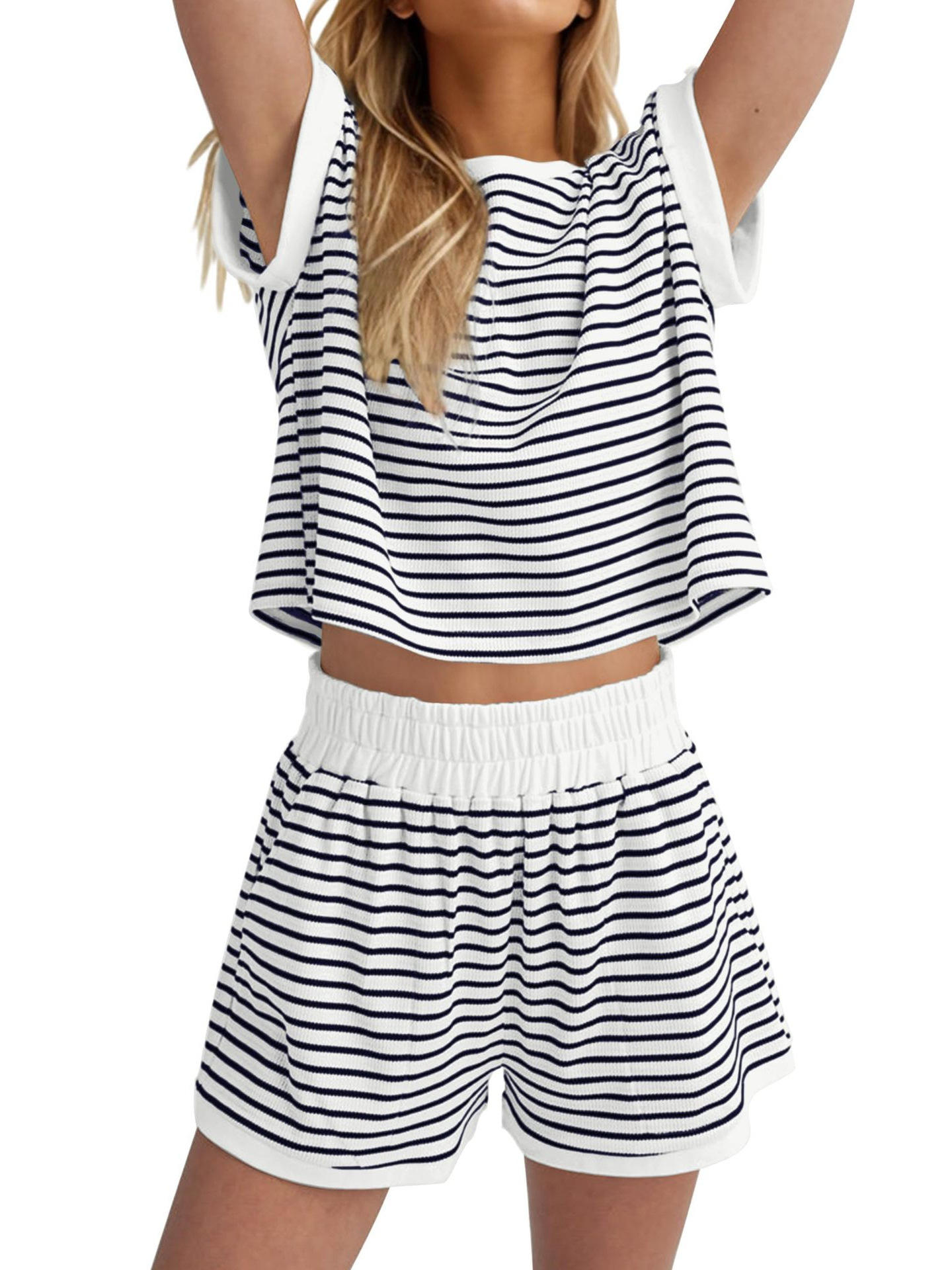 2025 Summer Women's New Striped Casual Sports suit European and American Fashion Short-sleeved Top Shorts Two-piece Set for Women