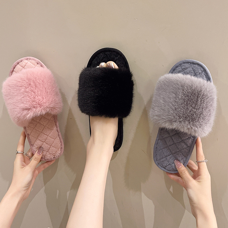 Amazon cross-border winter plush open slippers floor cotton slippers indoor home warm plaid fluffy slippers