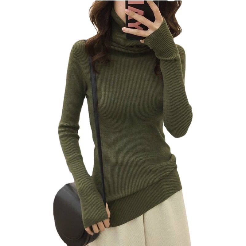 Solid Color Piled High Collar Finger Sweater Women's 2022 Autumn and Winter New Long Sleeve Inner Slim-Fit Pullover Knitted Base Shirt