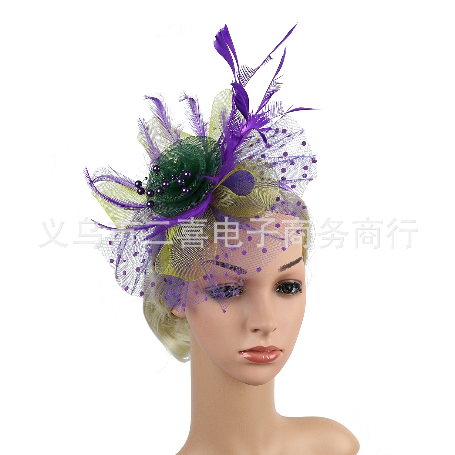 Picture of European and American Popular Amazon Feather Headdress Bridal Hair Accessories Mesh Top Hat Jockey Club Hair Accessories Hairpin Headband