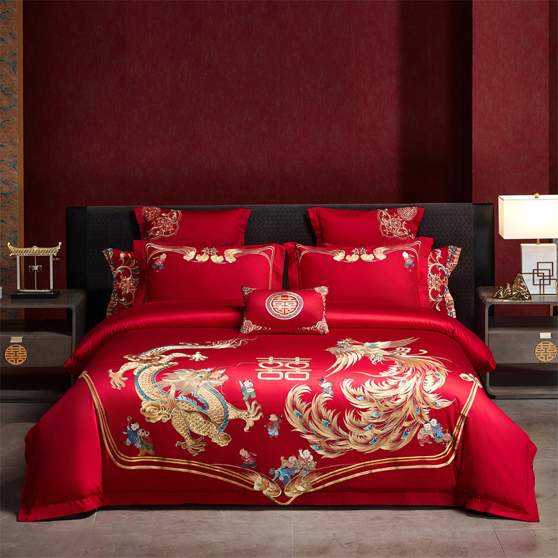 Picture of High-End 120S Pure Cotton Long-Staple Cotton Wedding Four-Piece Set New Chinese Style Dragon and Phoenix Embroidery Wedding Red Bedding
