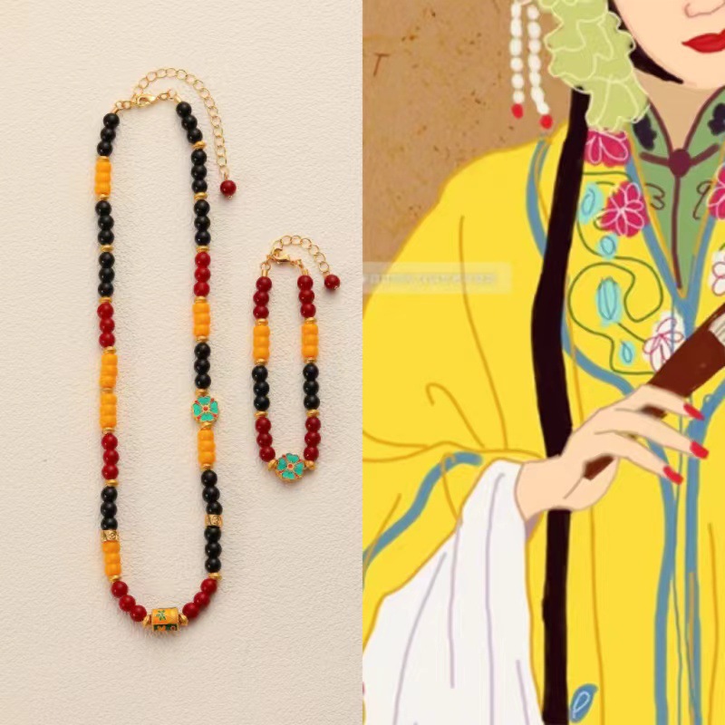 {National Tide Opera} New Chinese Style National Style Beaded Necklace Bracelet Female Natural Stone Agate Flower All-match Middle Ancient suit