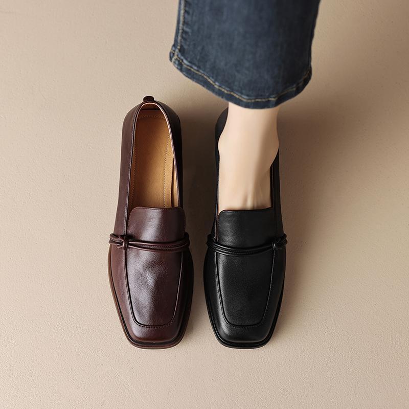British fleece-lined small leather shoes retro Four Seasons furry single-layer shoes mid heel square toe soft leather loafers women's winter