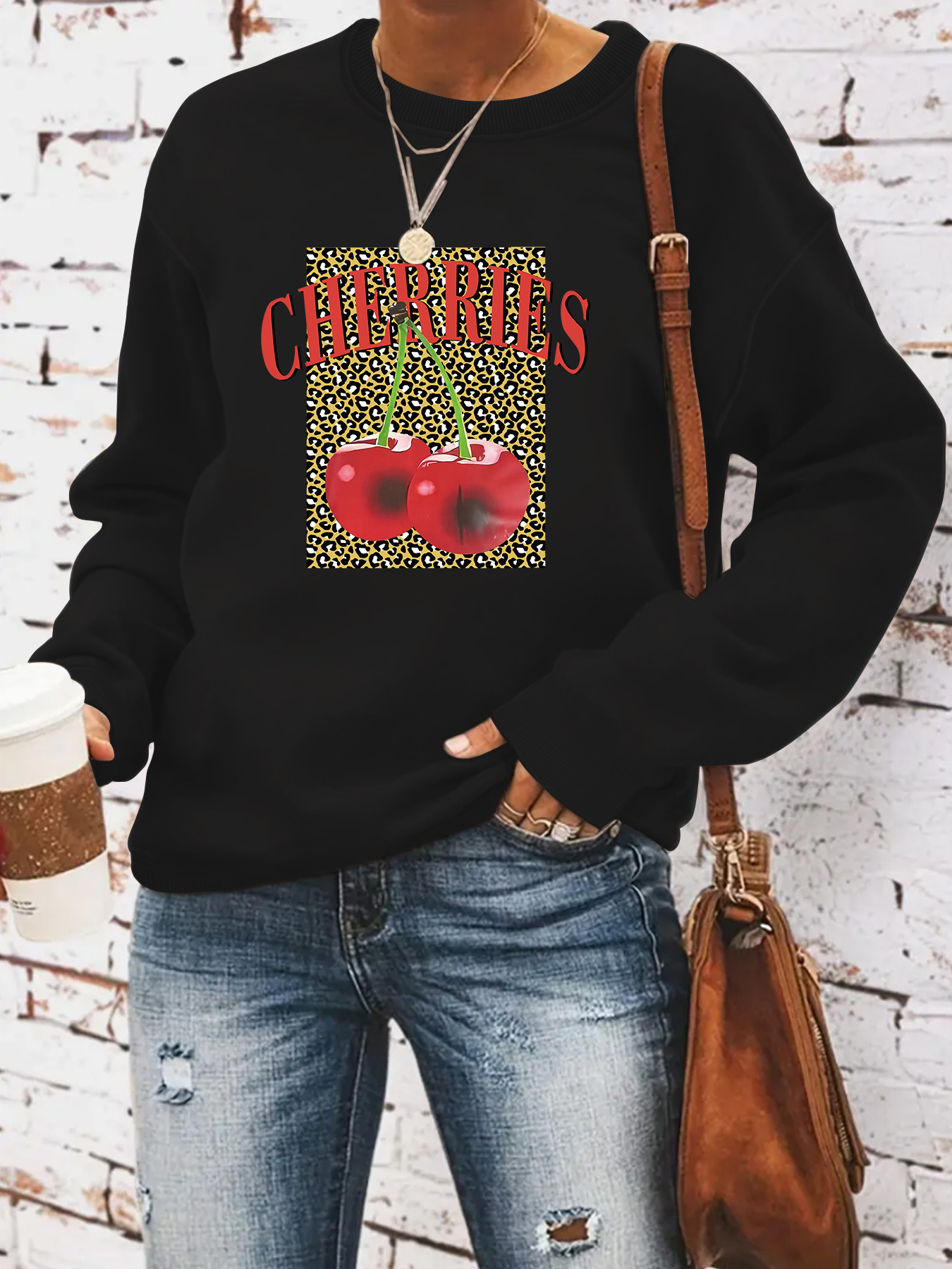 Europe and the United States cross-border autumn and winter women's casual long sleeve round neck cherry printed pullover sweatshirt sweater wholesale
