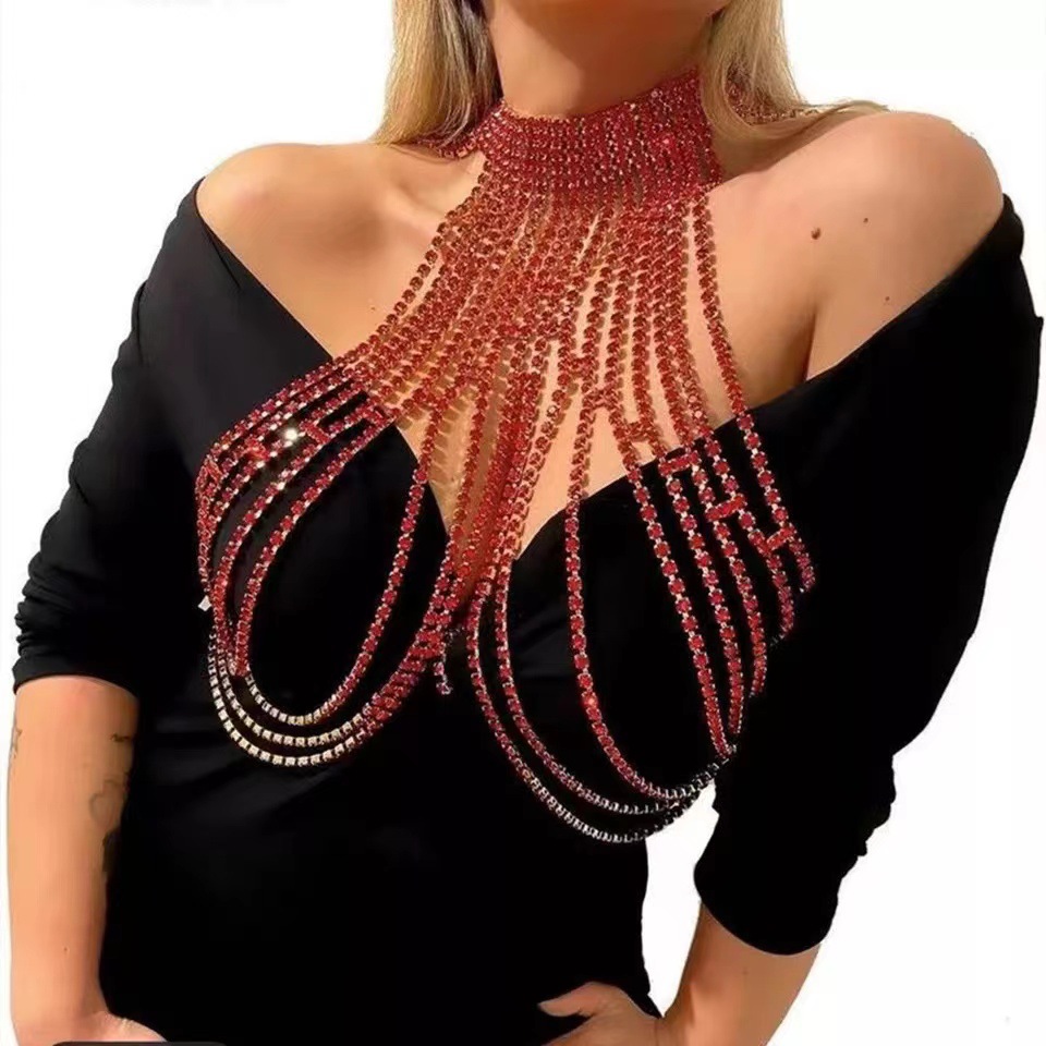 Picture of AliExpress fashion exaggerated long tassel rhinestone chest chain accessories nightclub shiny sexy necklace female body chain