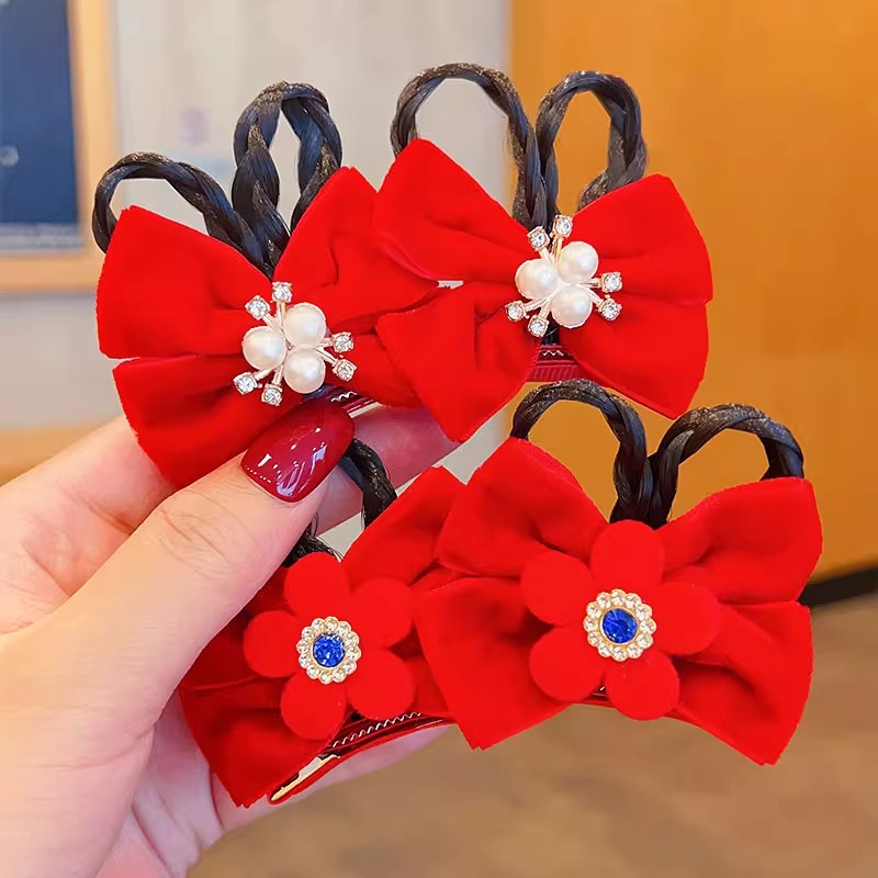 Picture of Children's Hairpin Headdress Little Girl Head Flower Cute Wig Braid Performance Bow Hairpin New Year's Eve Hair Accessories