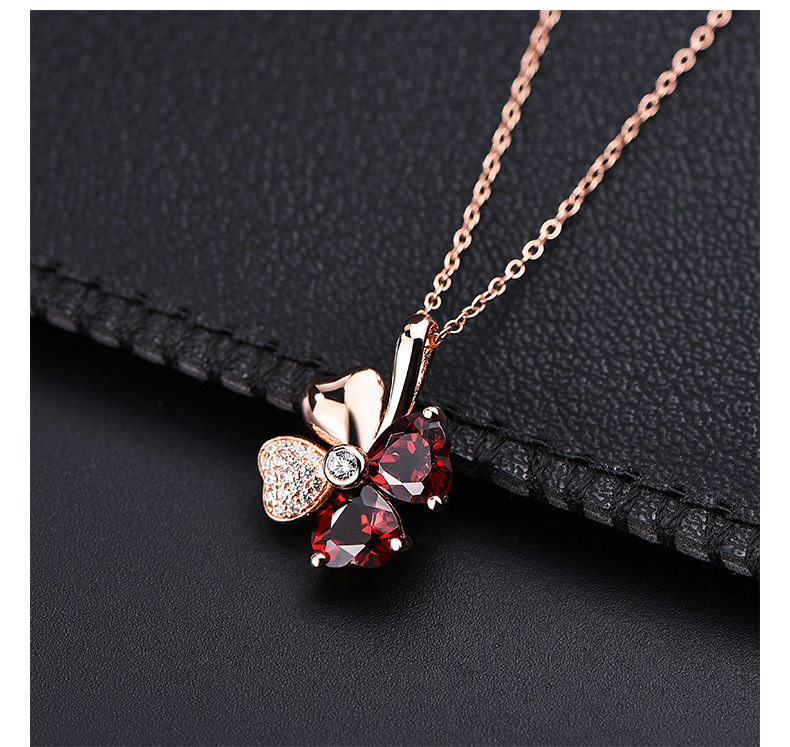 Picture of Luxury Korean-style Lucky Four-leaf Clover Necklace Synthetic Garnet Pendant Red Crystal Necklace Women's Clavicle Chain Silver Jewelry