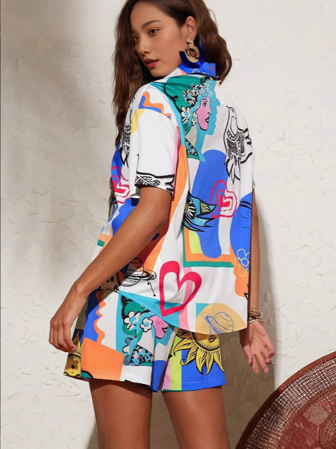 Picture of Cross-border Foreign Trade Graffiti Print Cardigan Shirt Shorts Two-piece Set Contrast Casual Pants Casual suit Women's Spring and Autumn Wear