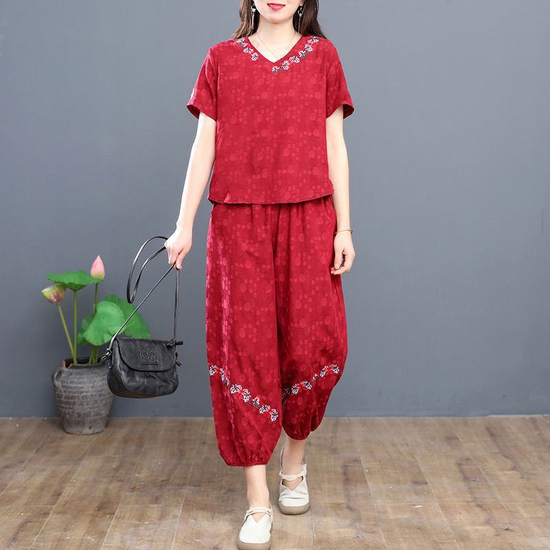 Cross-border Ethnic Style Vintage plus size Women's suit Summer Casual Short-sleeved Top Bloomers Loose Wide-leg Trendy