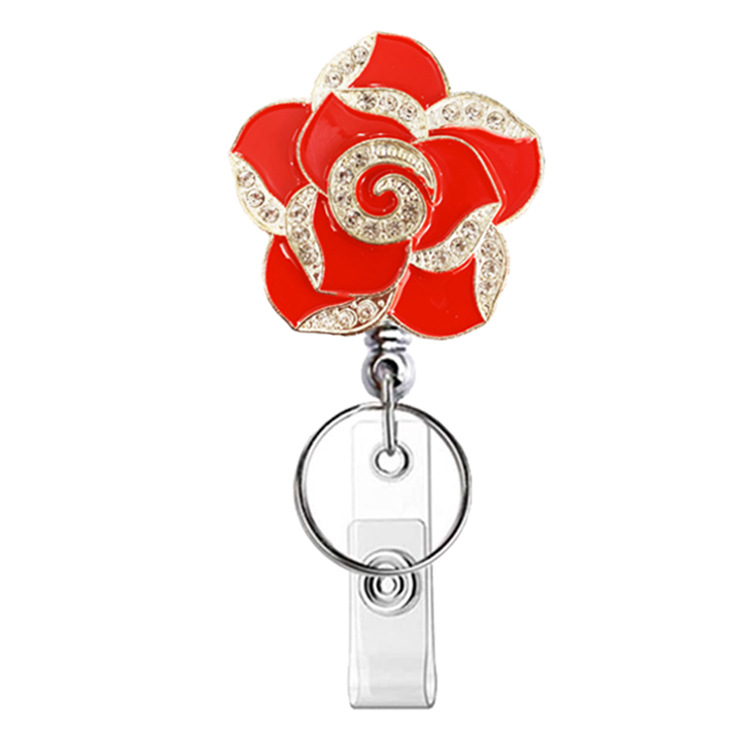 Picture of Silver Electroplating easy pull buckle metal color rhinestone drop oil rose Camellia retractable buckle easy pull ID buckle