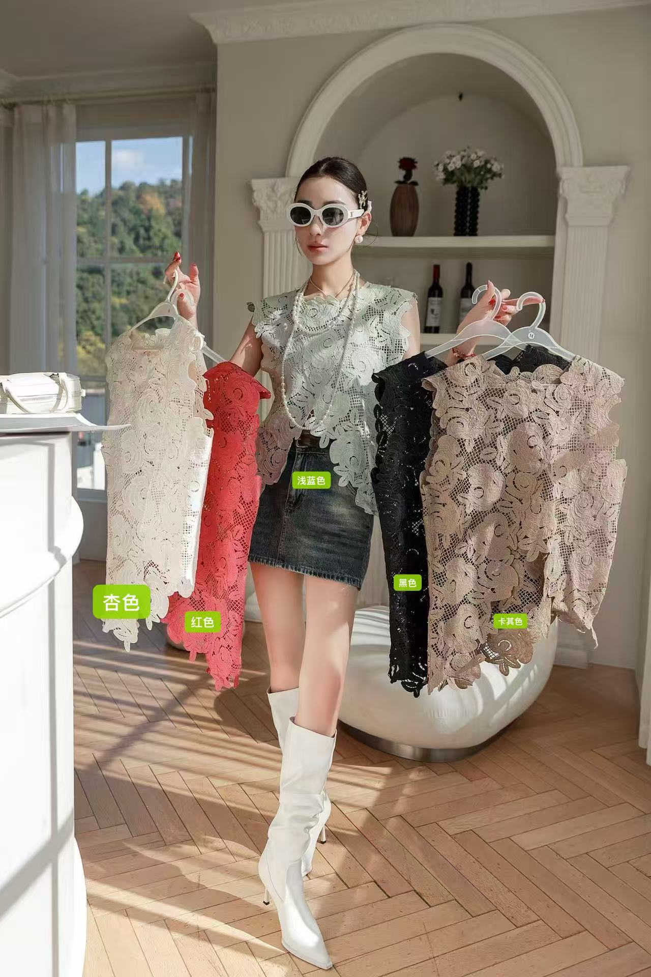 Picture of High-end European summer new unique hook flower hollow irregular hem sleeveless vest lace shirt girl
