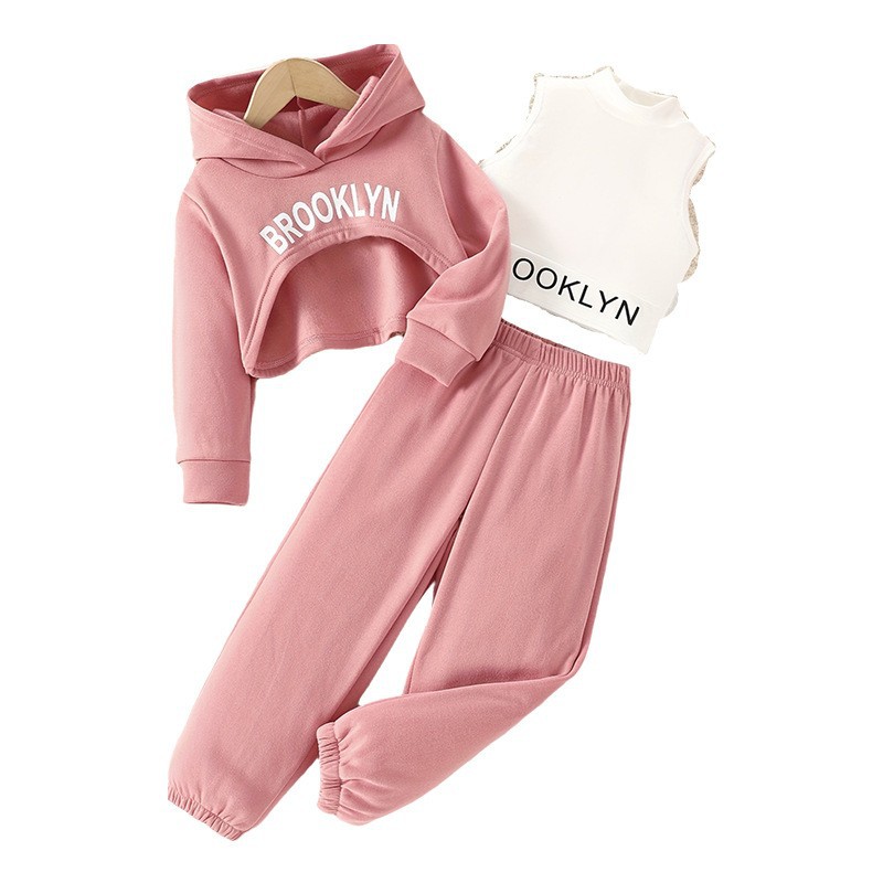 Picture of Spring and Autumn European and American Girls College Style Sweatshirt Sweet and Hot High Neck Vest Stacked Bottoming Pants Letter Printed Three-Piece Set