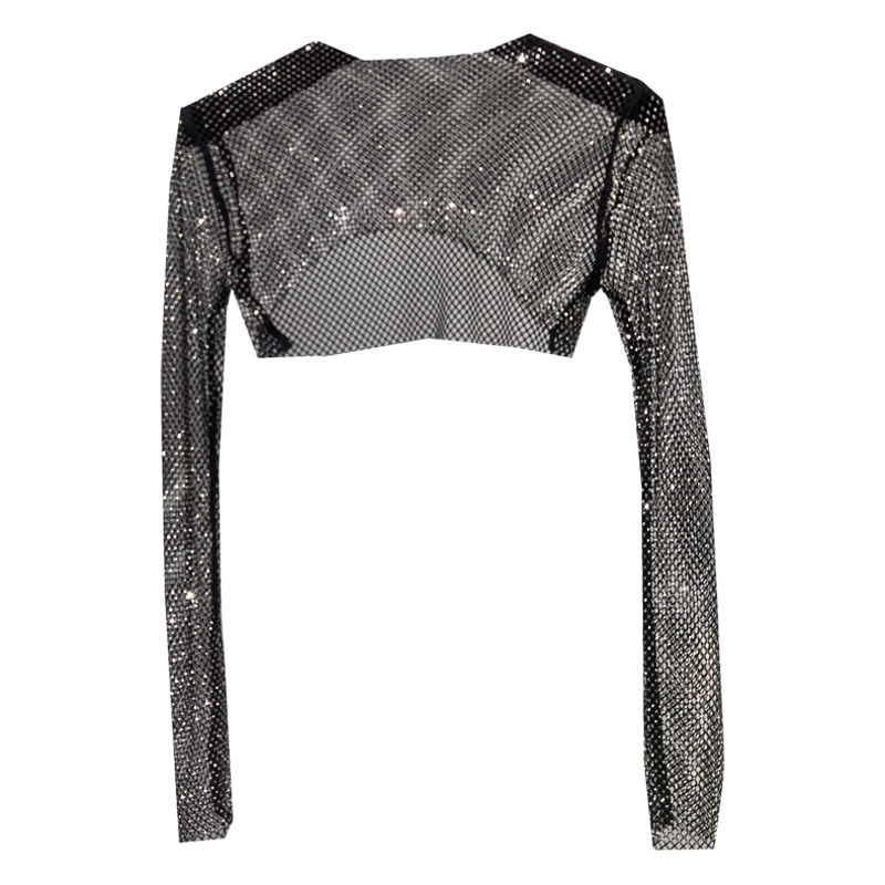 Summer Thin Colored Diamond Half-cut Top Mesh Diamond Outer Wear Sunscreen Long Sleeve Waistcoat Sparkling Party Matching Skirt Small Shirt