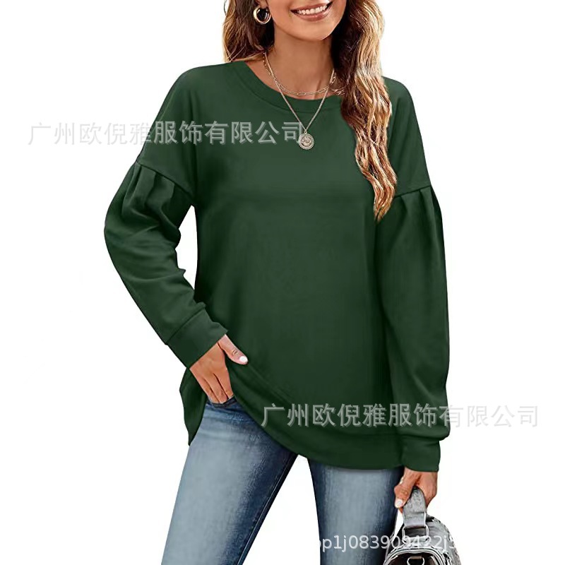 2022 cross-border European and American women's autumn and winter New Amazon hot solid color sweater round neck stitching long sleeve top women