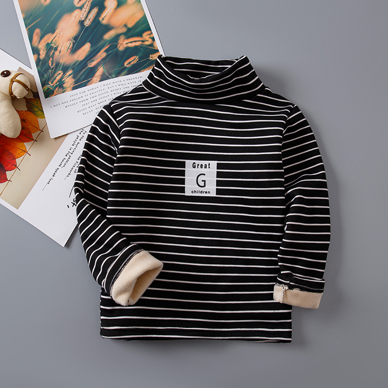 Picture of Children's Striped Fleece-Lined Thickened Base Shirt Turtleneck Top Middle Collar Single-Piece Half-High Collar Long-Sleeved T-Shirt for Boys and Girls