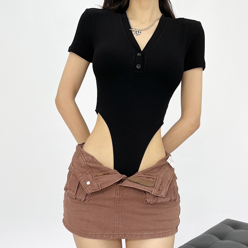 Retro button V-neck thread short sleeve waist-tight one-piece T-shirt sexy hot girl heart machine one-piece bottoming shirt top cross-border