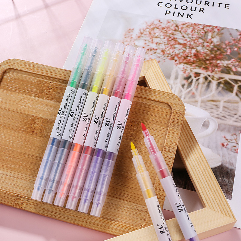 Picture of Color double-head highlighter 6-color Student color pen key marking pen oblique head highlighter watercolor pen