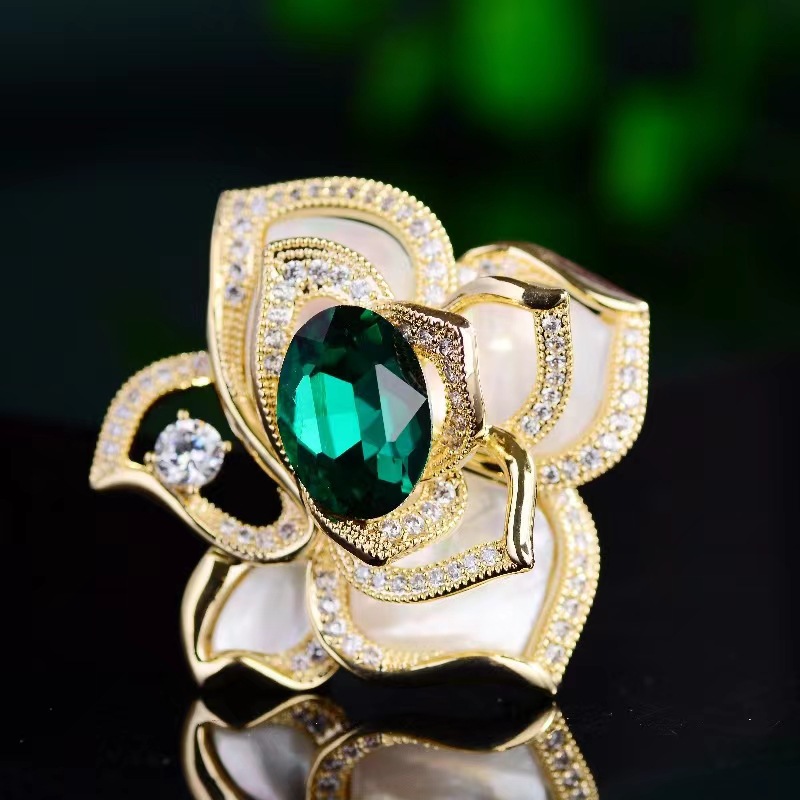 Picture of Korean style fashionable Rose Zircon shell camellia brooch grandmother green crystal flower clothing pin for women