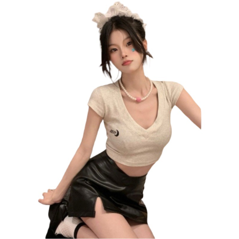 Pure Cotton Shoulder Short-sleeved T-shirt Women's Spice Girl Top Bm Style Summer Women's Short Top Navel Base Shirt Women's T-shirt